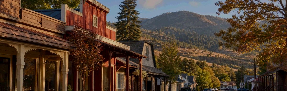 Main-street storefronts in the San Diego backcountry at golden hour